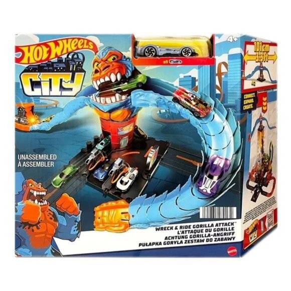Hot Wheels City Wreck & Ride Gorilla Attack & 1 Car Connects to Gas Station Set - Picture 2 of 4